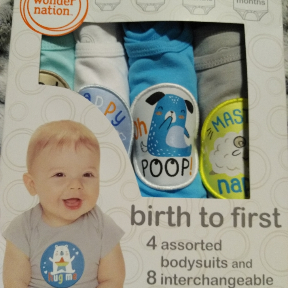 Wonder nation birth to first 4 pack baby bodysuits with 8 different patches